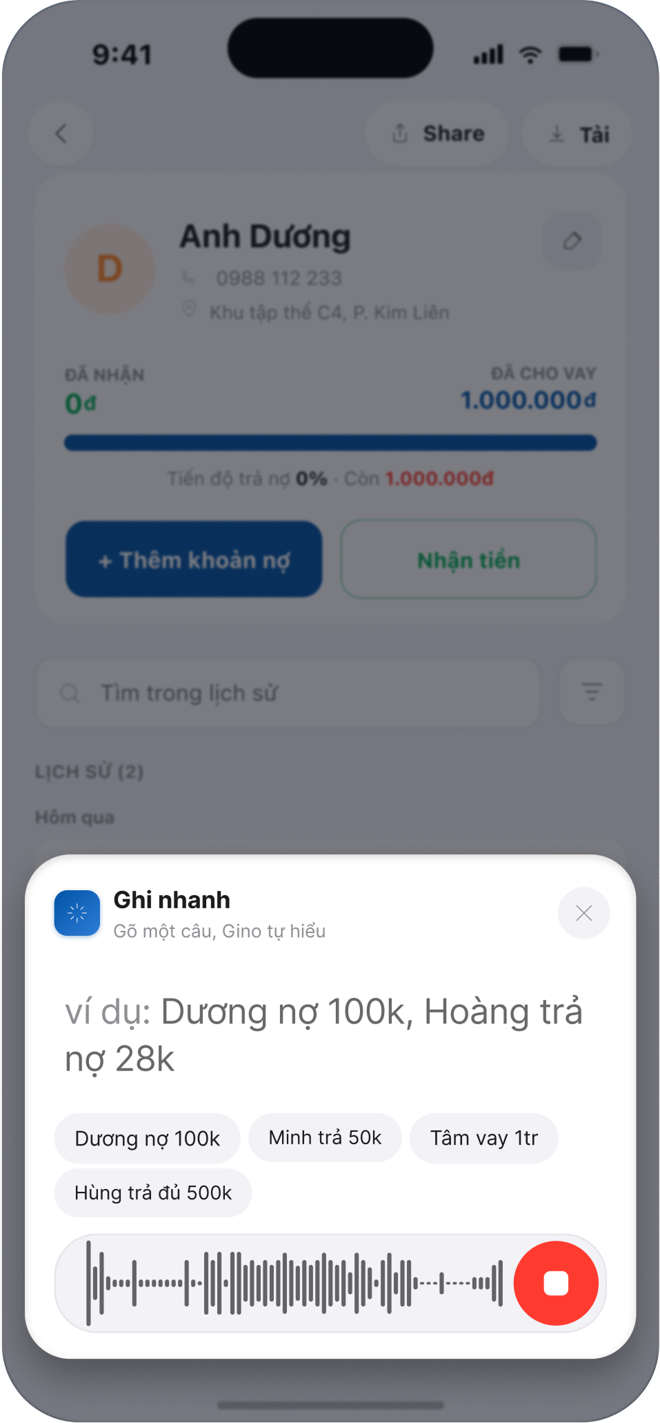 Bước 4 — Ghi nợ và nhận tiền bằng giọng nói